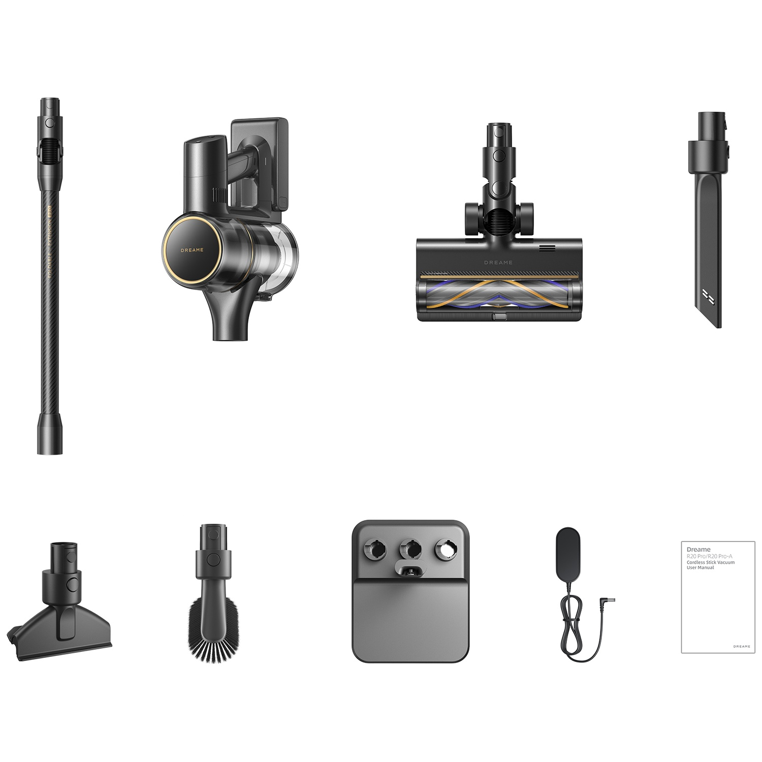Pièces aspirateur sans fil Dreame : unité principale, tube, brosse, suceur, chargeur, manuel.