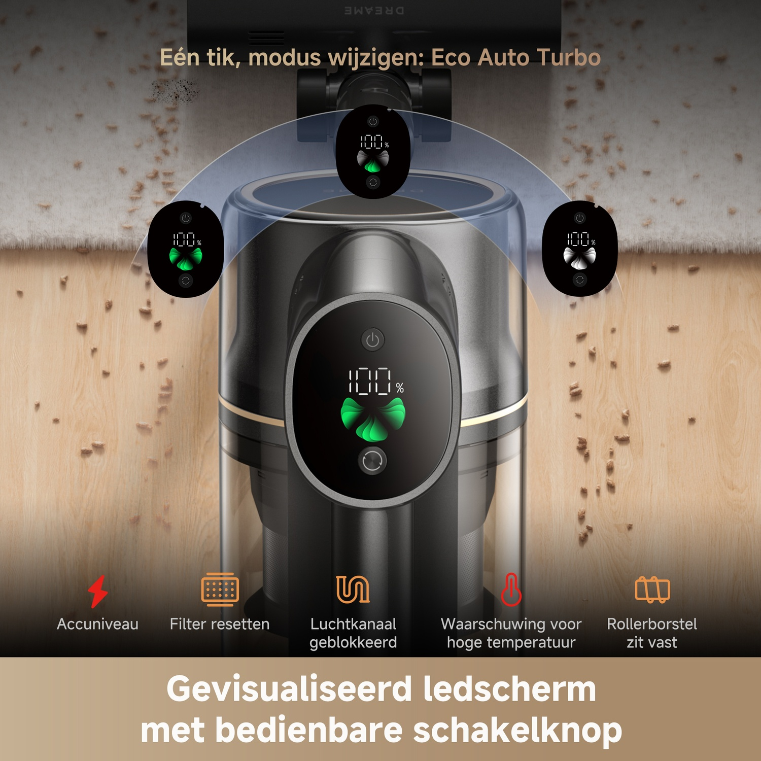Un aspirateur avec écran LED affichant l'état batterie, filtre, blocage, temp et brosse.