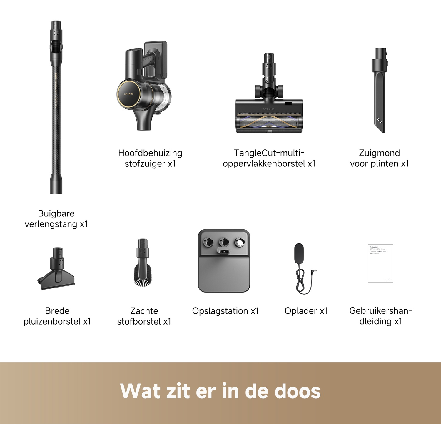 Diverses pièces d'aspirateur : tube flexible, corps principal, brosses, station de charge, chargeur, manuel.