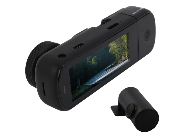 Dwa czarne wideorejestratory samochodowe z ekranem, jeden duży, jeden mały, na czarnym tle.