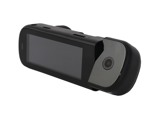 Czarna kamera samochodowa z ekranem i obiektywem.