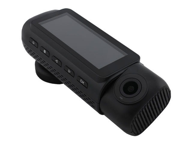 Czarna kamera samochodowa z ekranem i obiektywem, widoczne przyciski boczne.