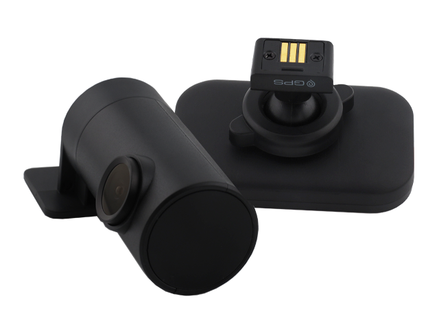 Dwie czarne kamery samochodowe, jedna z modułem GPS, na białym tle.