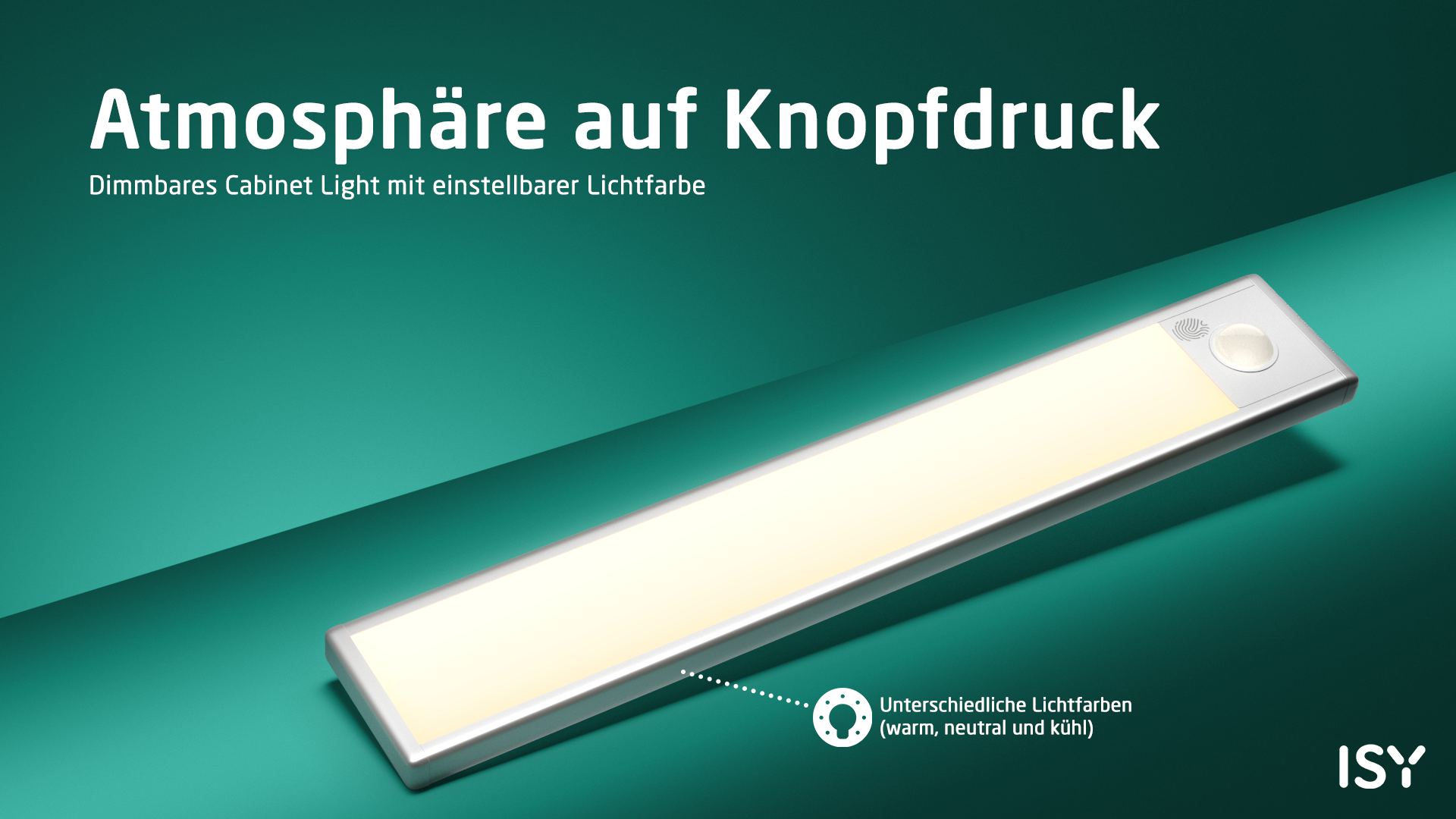 Ein schlichtes, beleuchtetes Schranklicht auf einem teal-farbenen Hintergrund.