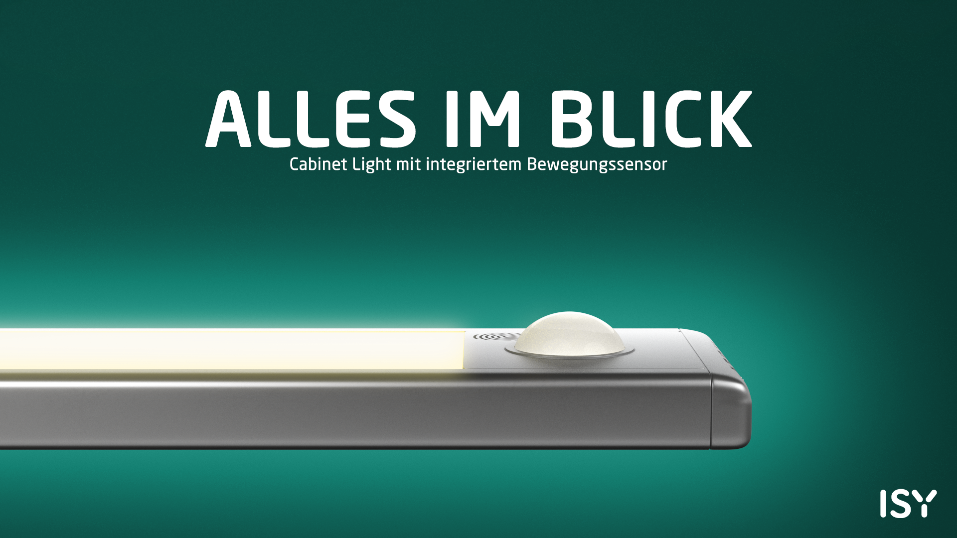 Graues Lichtband mit Bewegungssensor und ISY-Logo auf grünem Hintergrund.