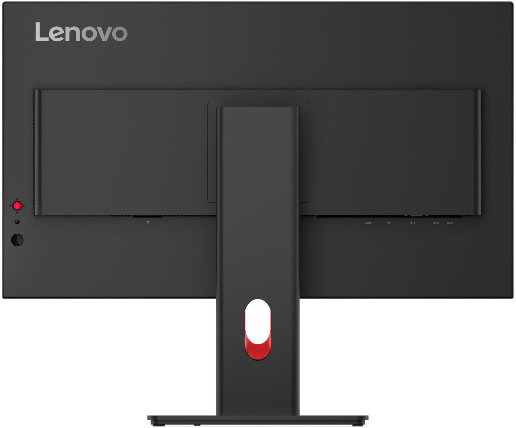 Egy fekete Lenovo monitor hátulja portokkal és piros díszítéssel az állványon.