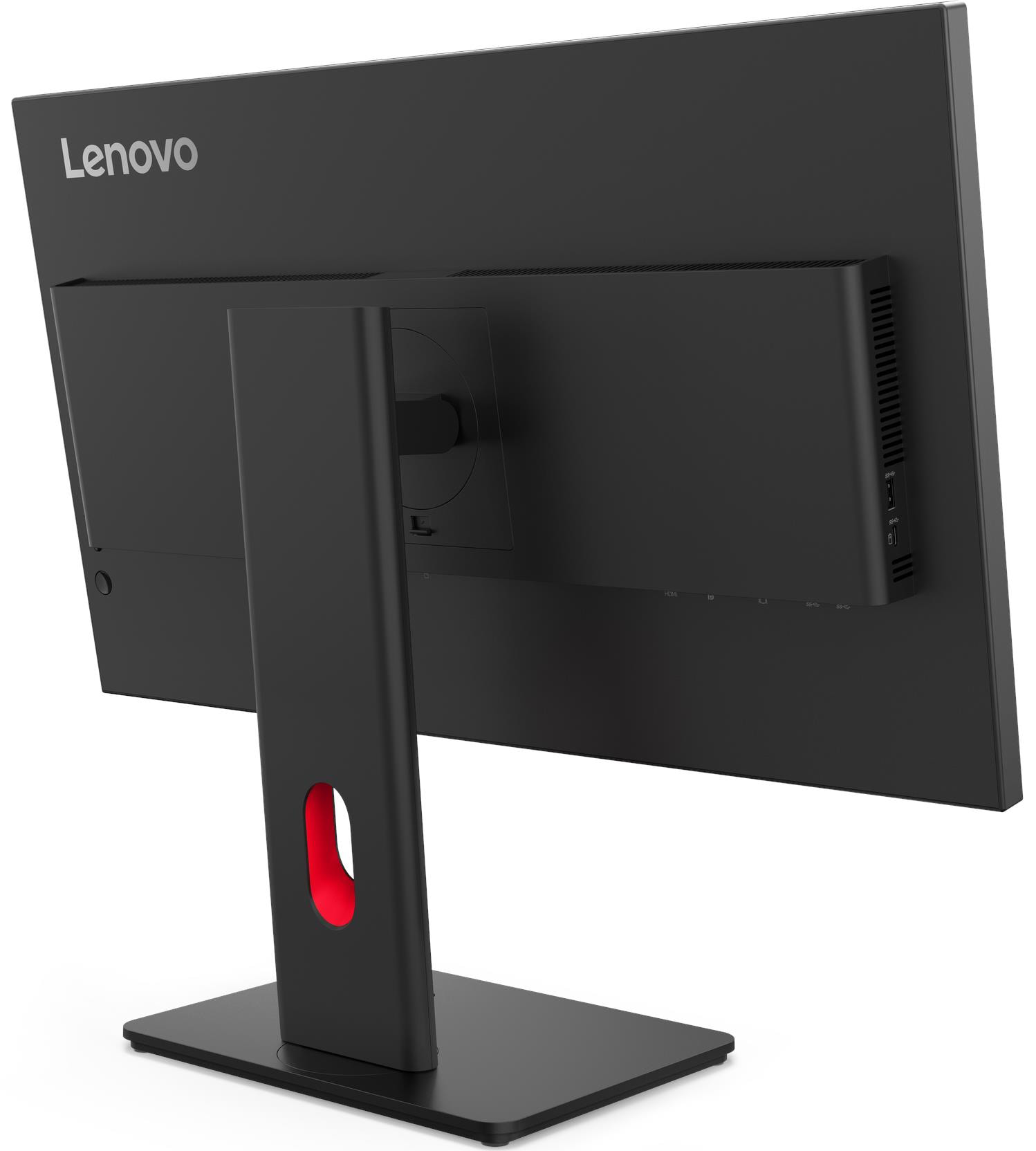 Fekete Lenovo monitor hátulnézete, ezüst logóval és piros díszítéssel.