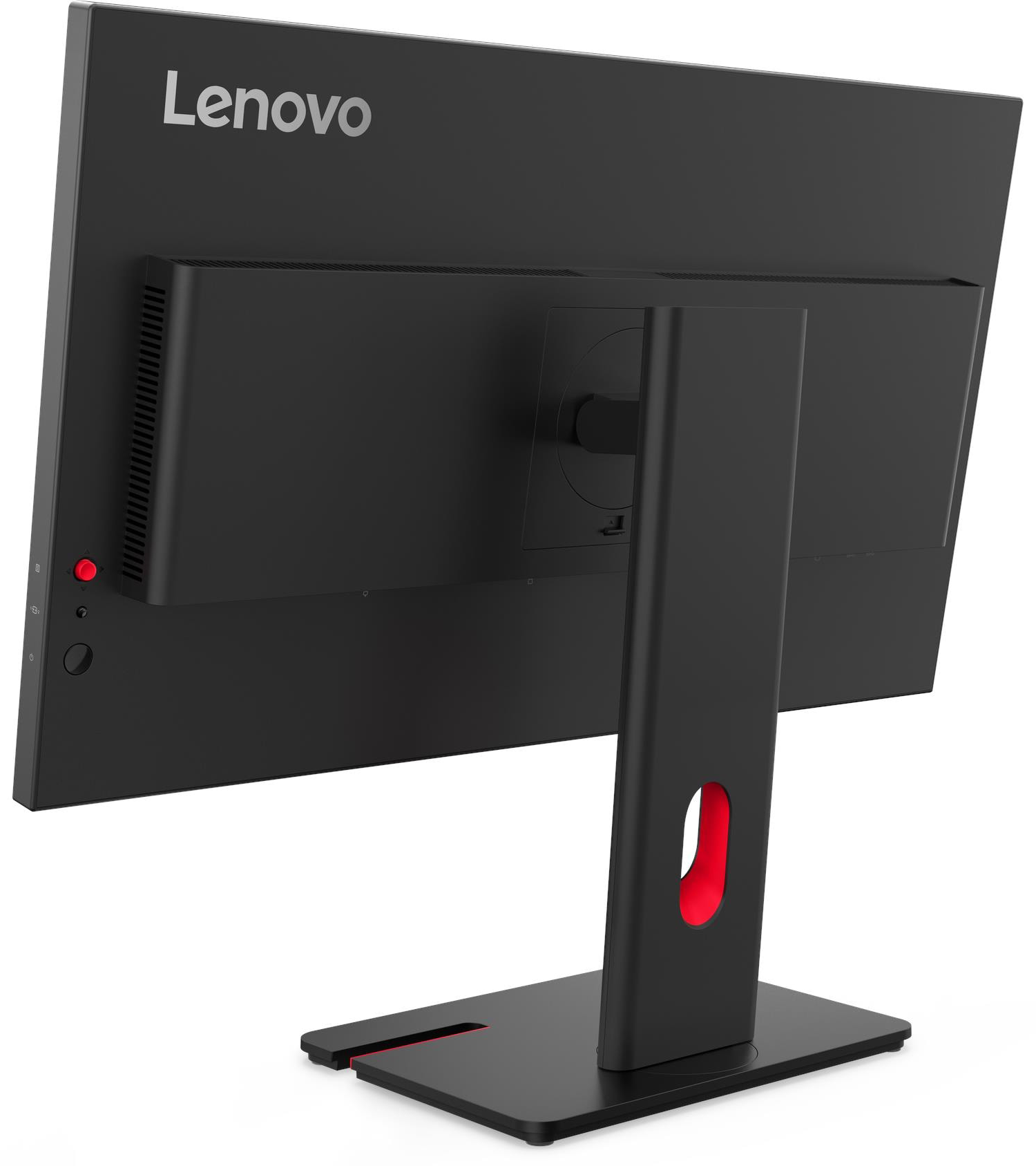 Egy fekete Lenovo monitor hátulja, piros díszítéssel az állványon.
