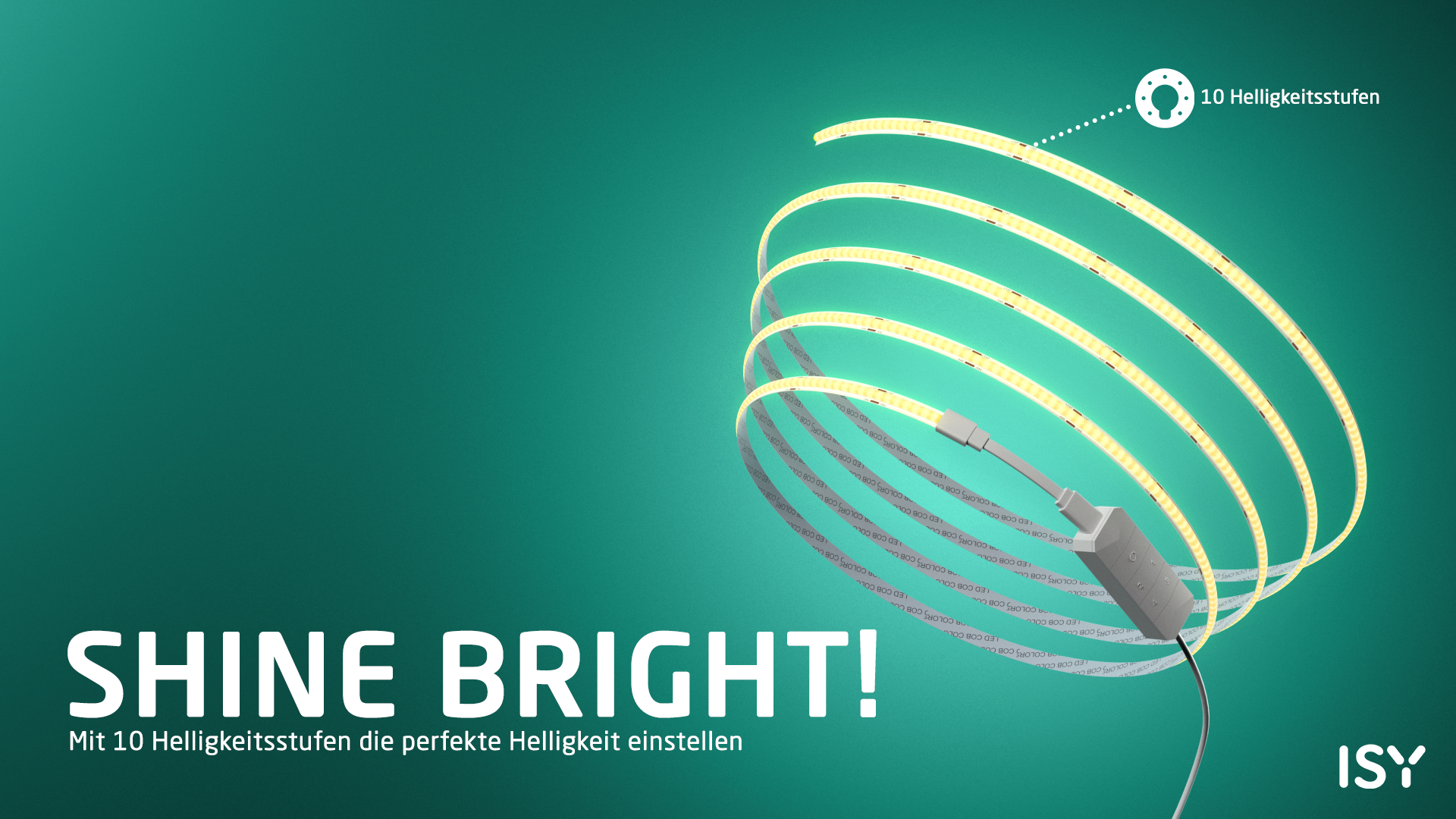Eine aufgerollte LED-Lichtleiste mit 10 Helligkeitsstufen, die auf einem dunklen Hintergrund schwebt.