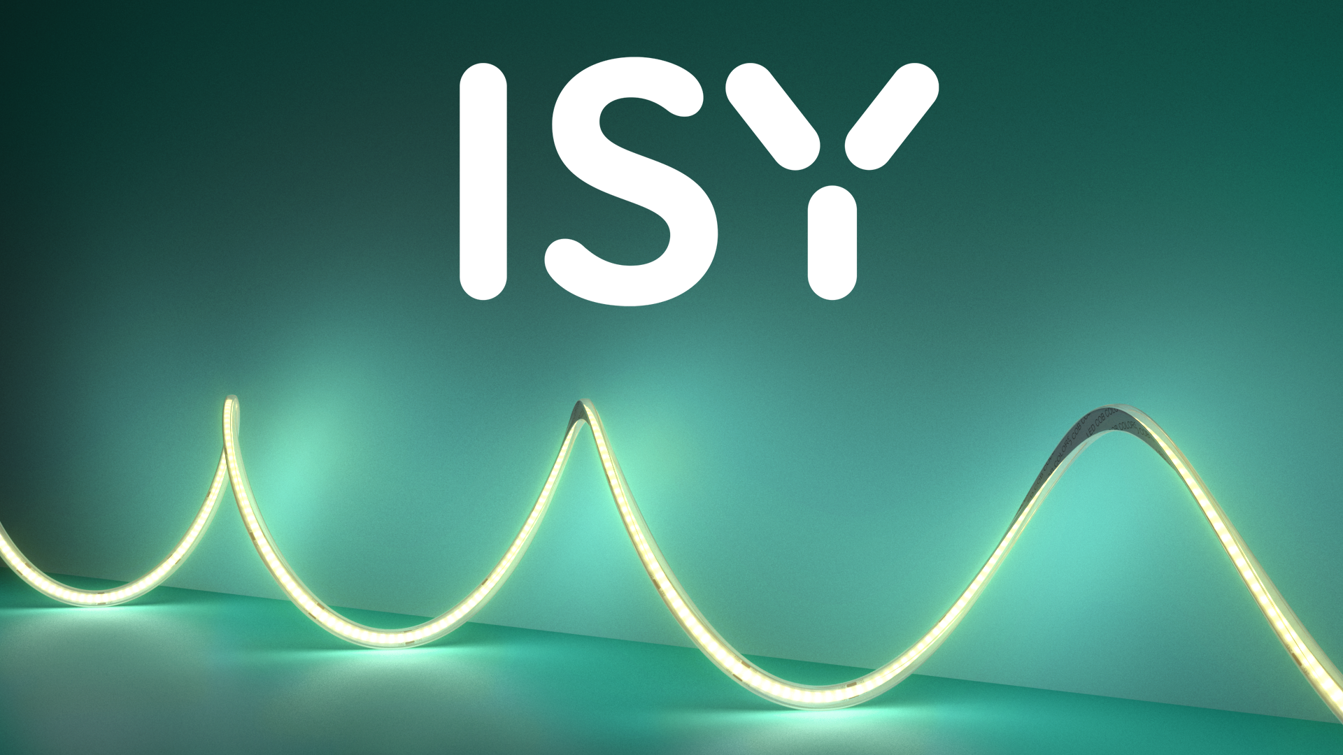 Ein weißes Logo "ISY" über einem geschwungenen, gelb leuchtenden LED-Streifen.
