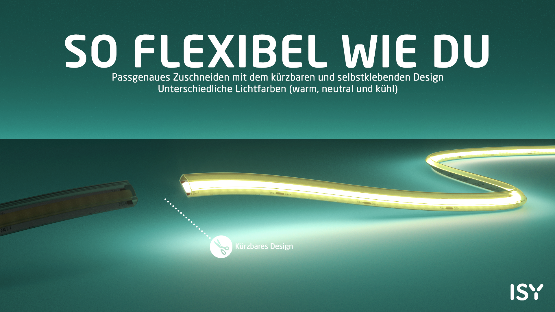 Ein biegsames, gelbes LED-Lichtband mit Text und dem ISY-Logo.
