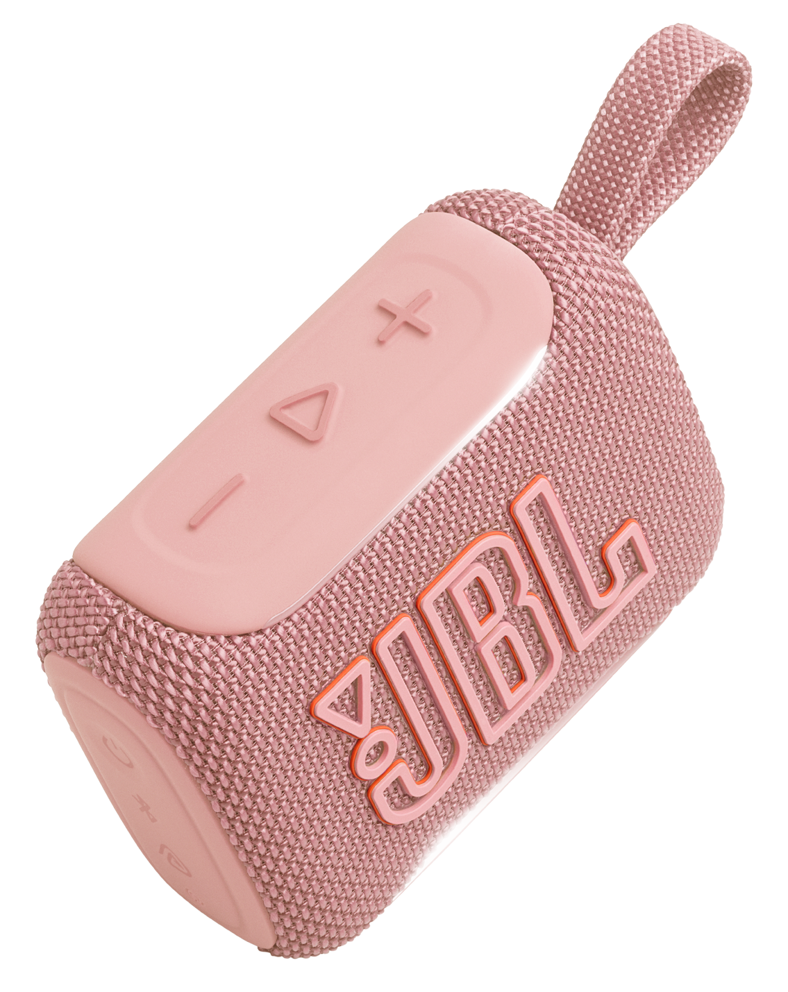 Różowy głośnik Bluetooth JBL z materiałową osłoną i przyciskami sterującymi.