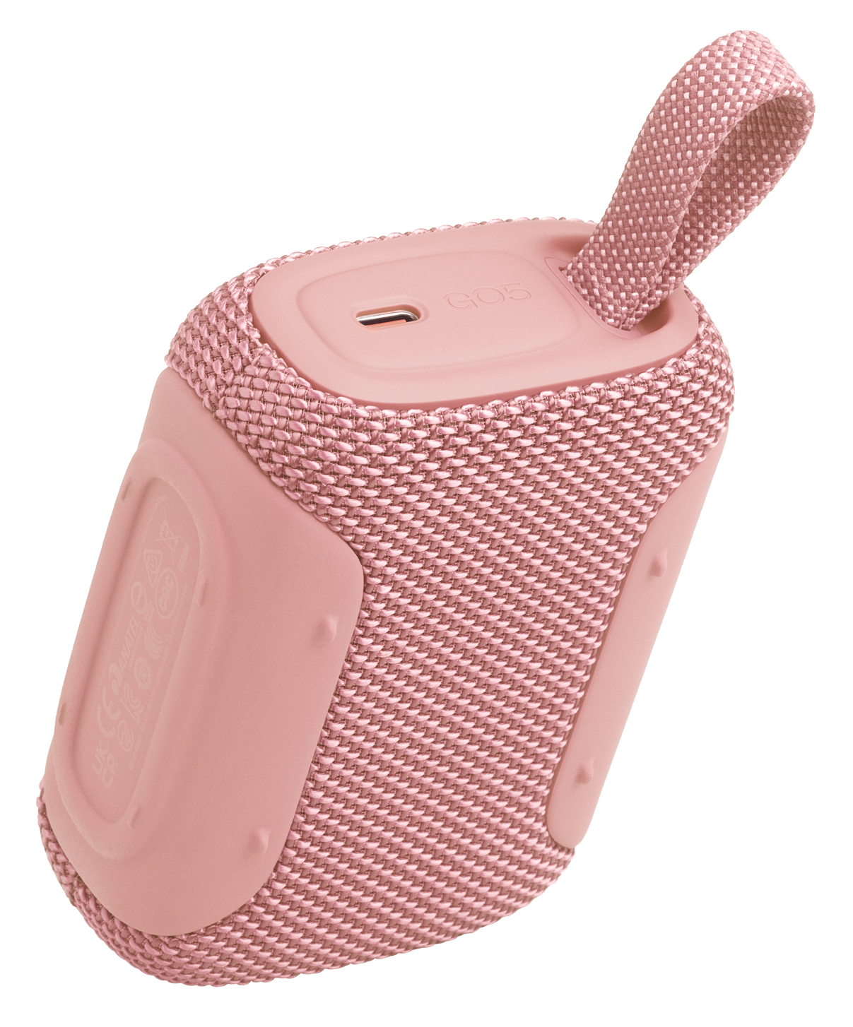 Różowy głośnik przenośny z materiałową osłoną i portem USB-C.