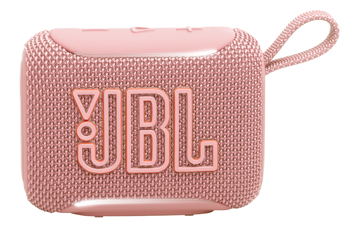 Mały, różowy głośnik JBL z paskiem do noszenia, pokazany z przodu.