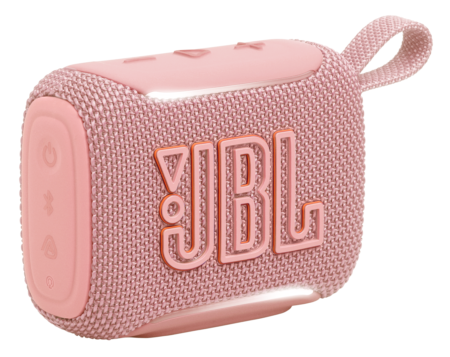 Różowy głośnik Bluetooth JBL Go 3 z materiałową osłoną i pomarańczowym logo.