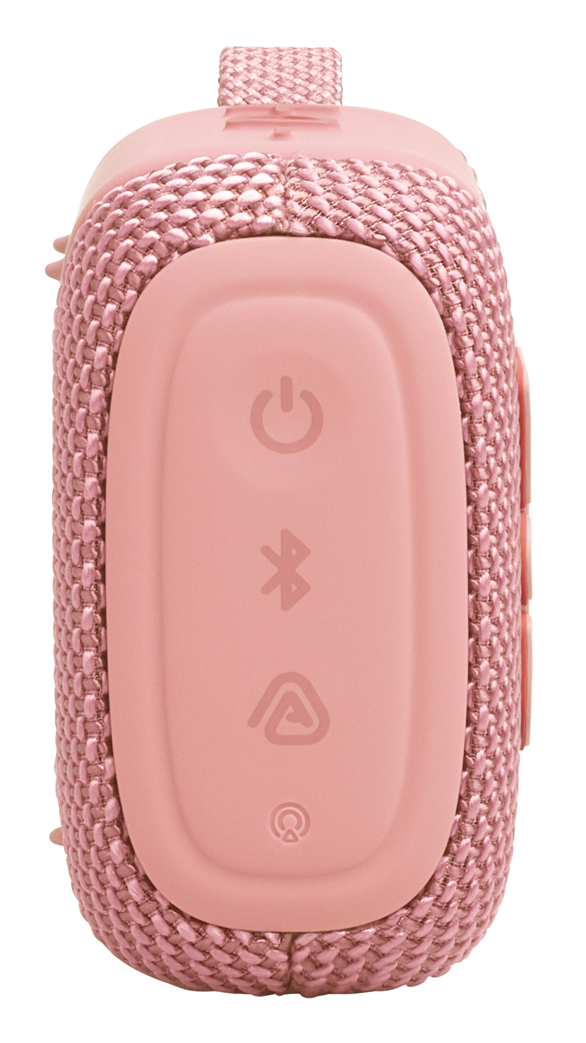 Różowy głośnik Bluetooth z przyciskami zasilania, Bluetooth i odtwarzania.