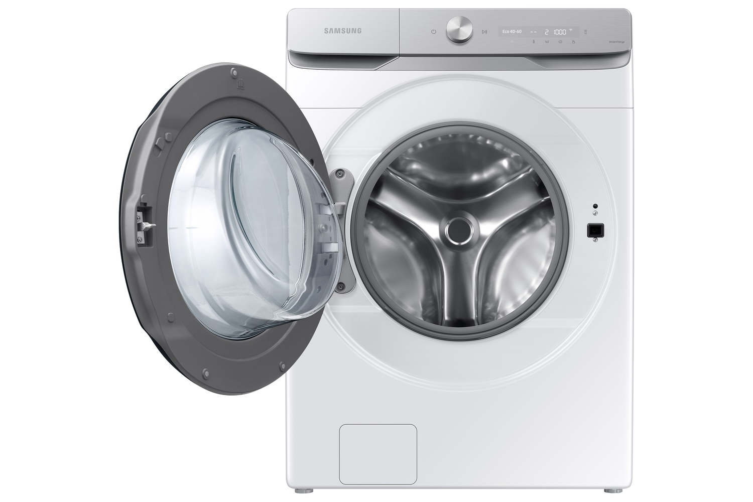 Una lavadora Samsung blanca con la puerta abierta, mostrando el tambor plateado.