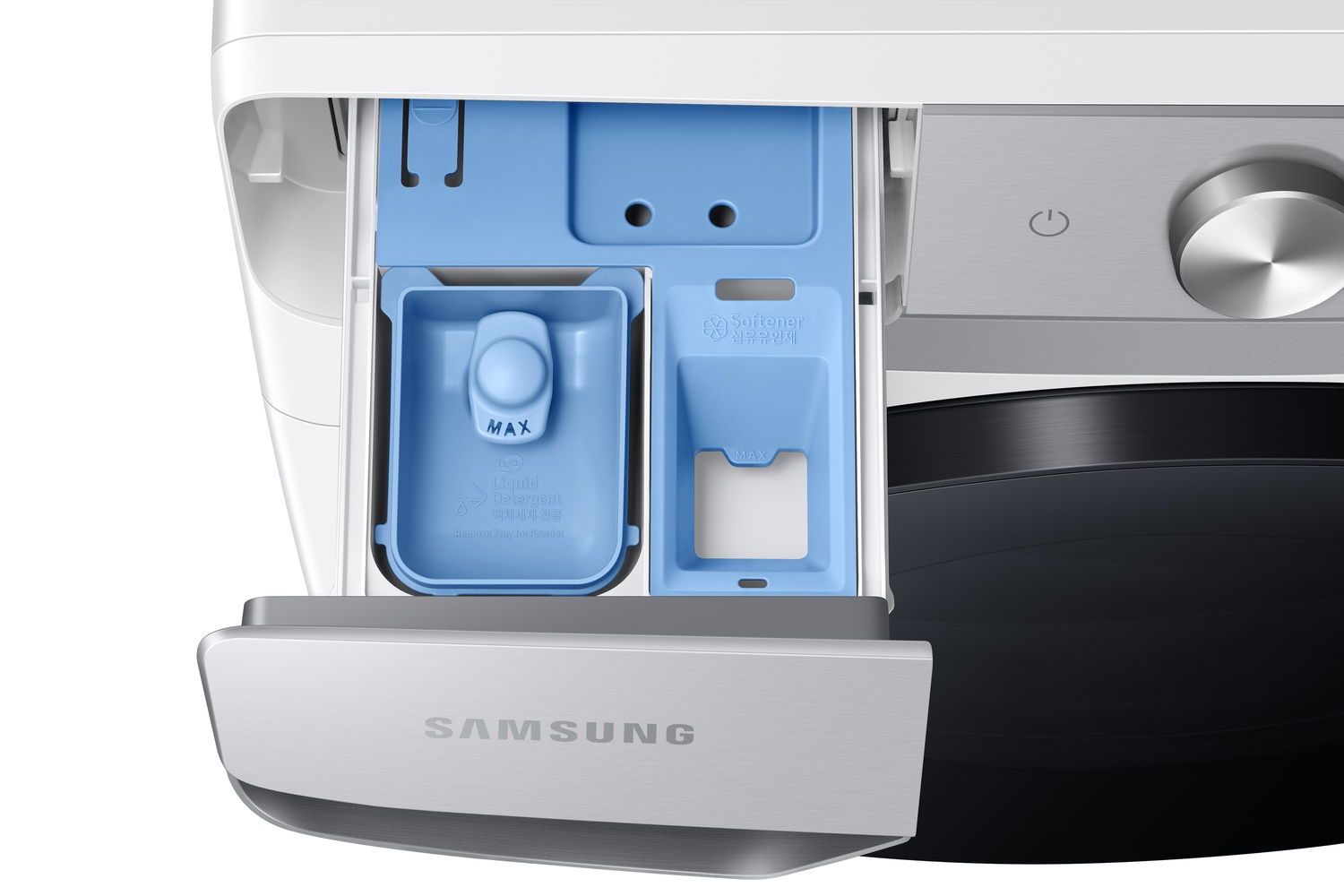 Cajón dispensador de detergente y suavizante Samsung. Izquierda para detergente líquido, derecha para suavizante.