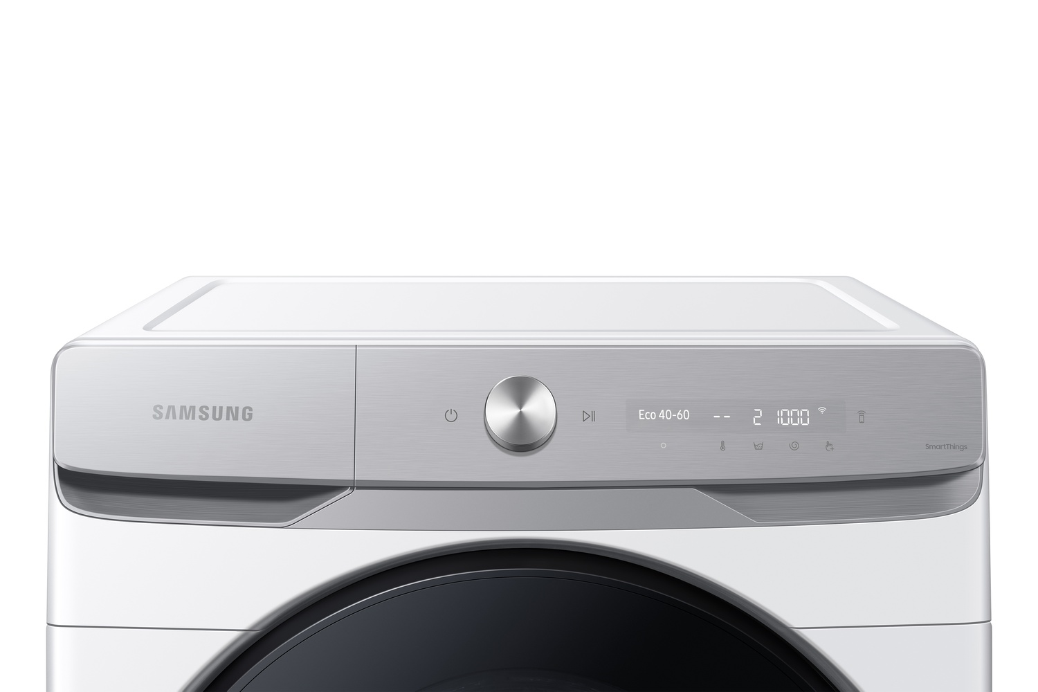 Lavadora Samsung con panel de control, dial y pantalla plateados.