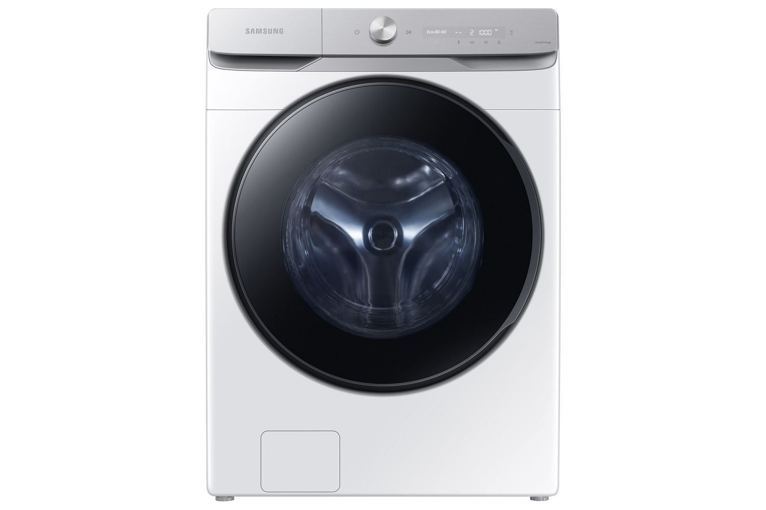 Lavadora Samsung blanca con puerta negra y pantalla digital.