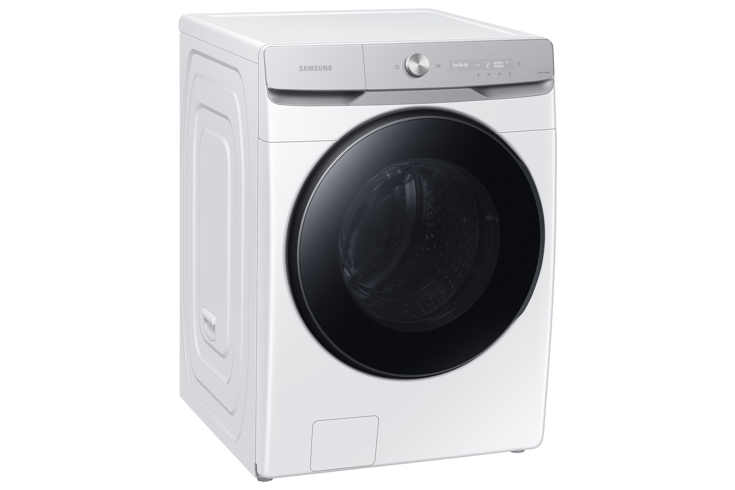 Una lavadora Samsung blanca con puerta negra y panel de control plateado.