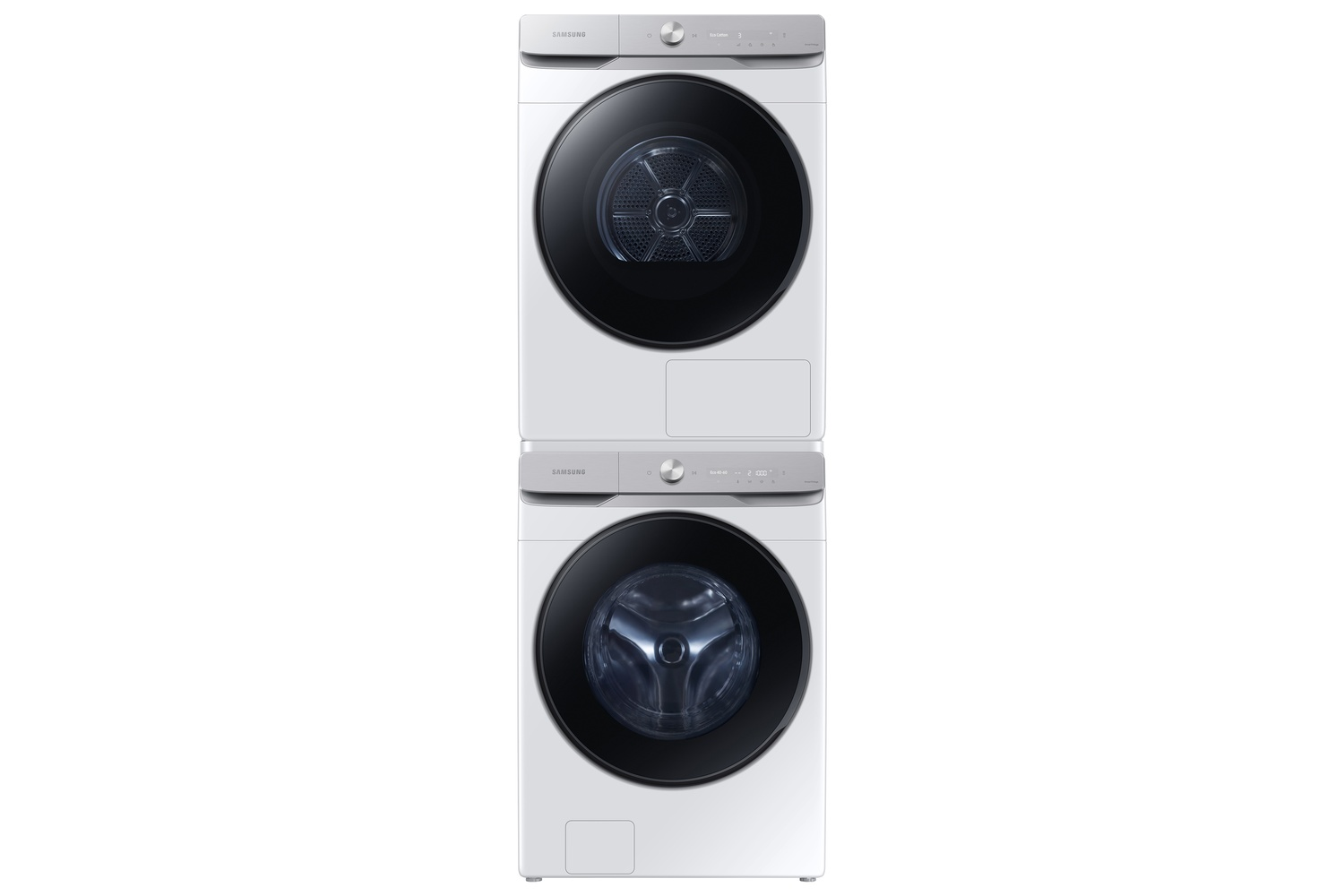 Una lavadora y secadora apilables Samsung blancas con paneles de control plateados.