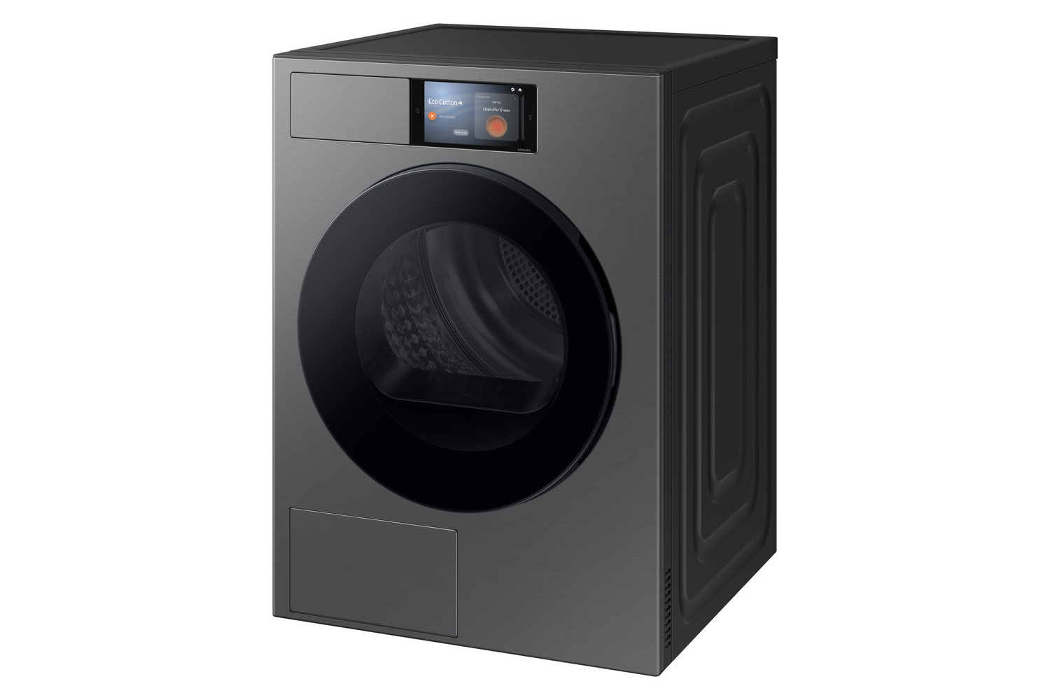 Una secadora gris moderna con puerta negra y pantalla táctil.
