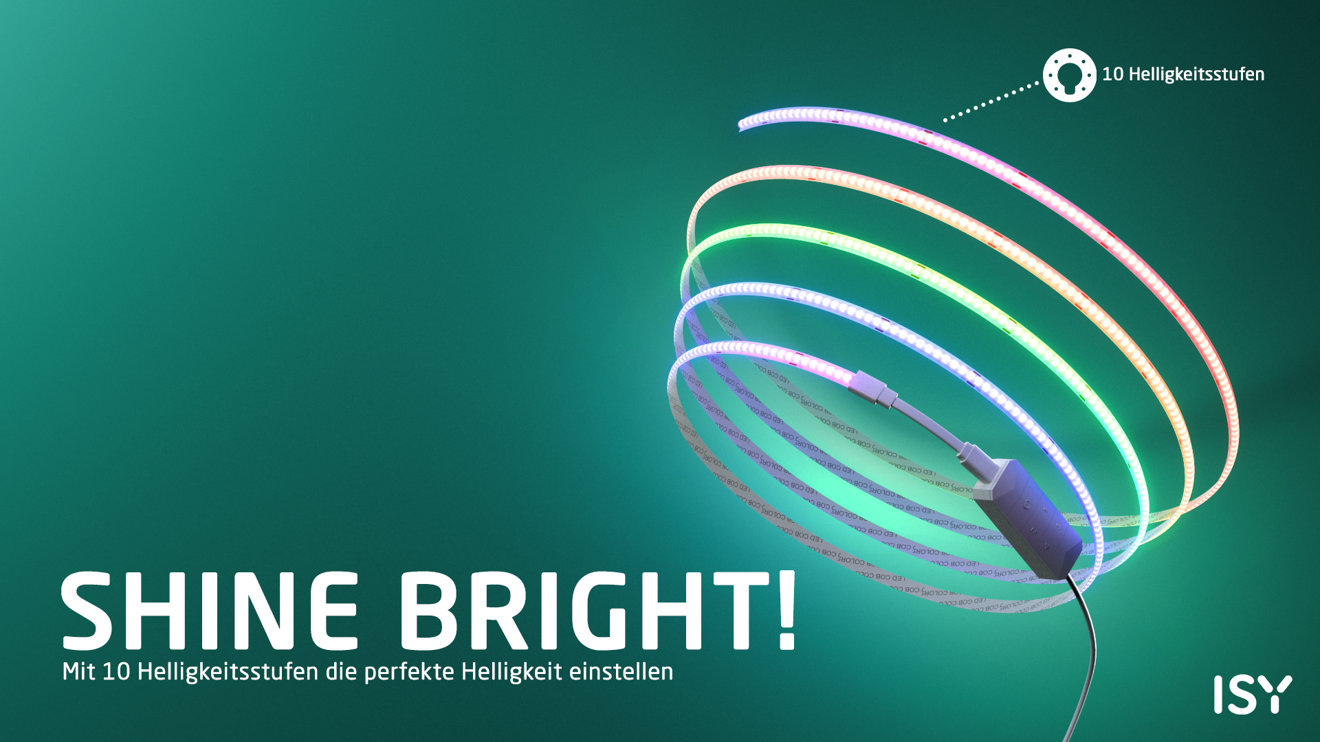 Ein LED-Streifen mit bunten Lichtern, der sich spiralförmig krümmt.