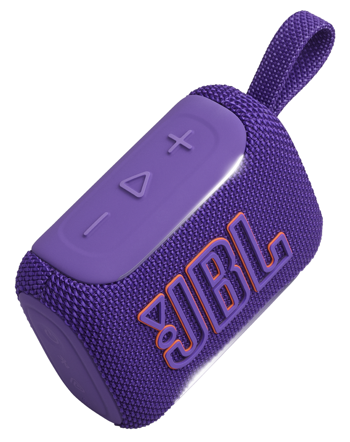 Fioletowy głośnik JBL Go 3 z paskiem i przyciskami sterowania na czarnym tle.
