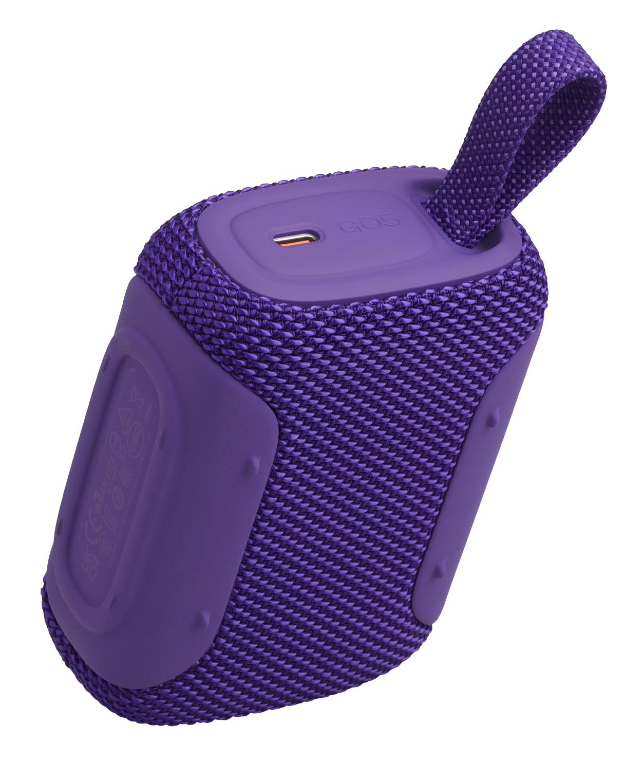Fioletowy głośnik przenośny z materiałowym grillem i pętelką.