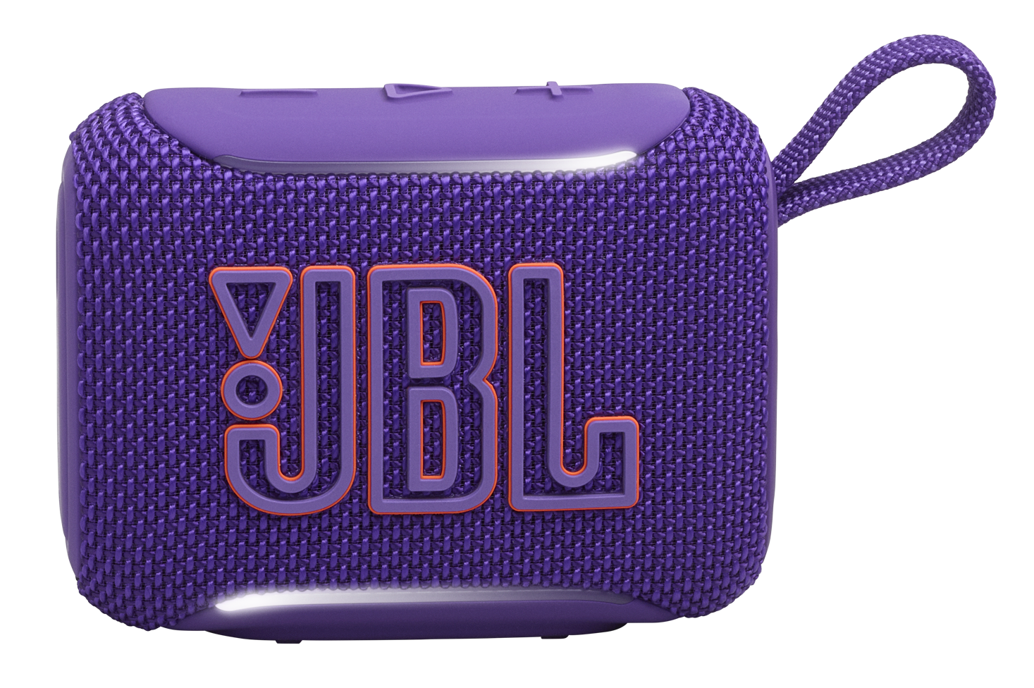 Fioletowy głośnik JBL z pomarańczowym logo i paskiem na czarnym tle.
