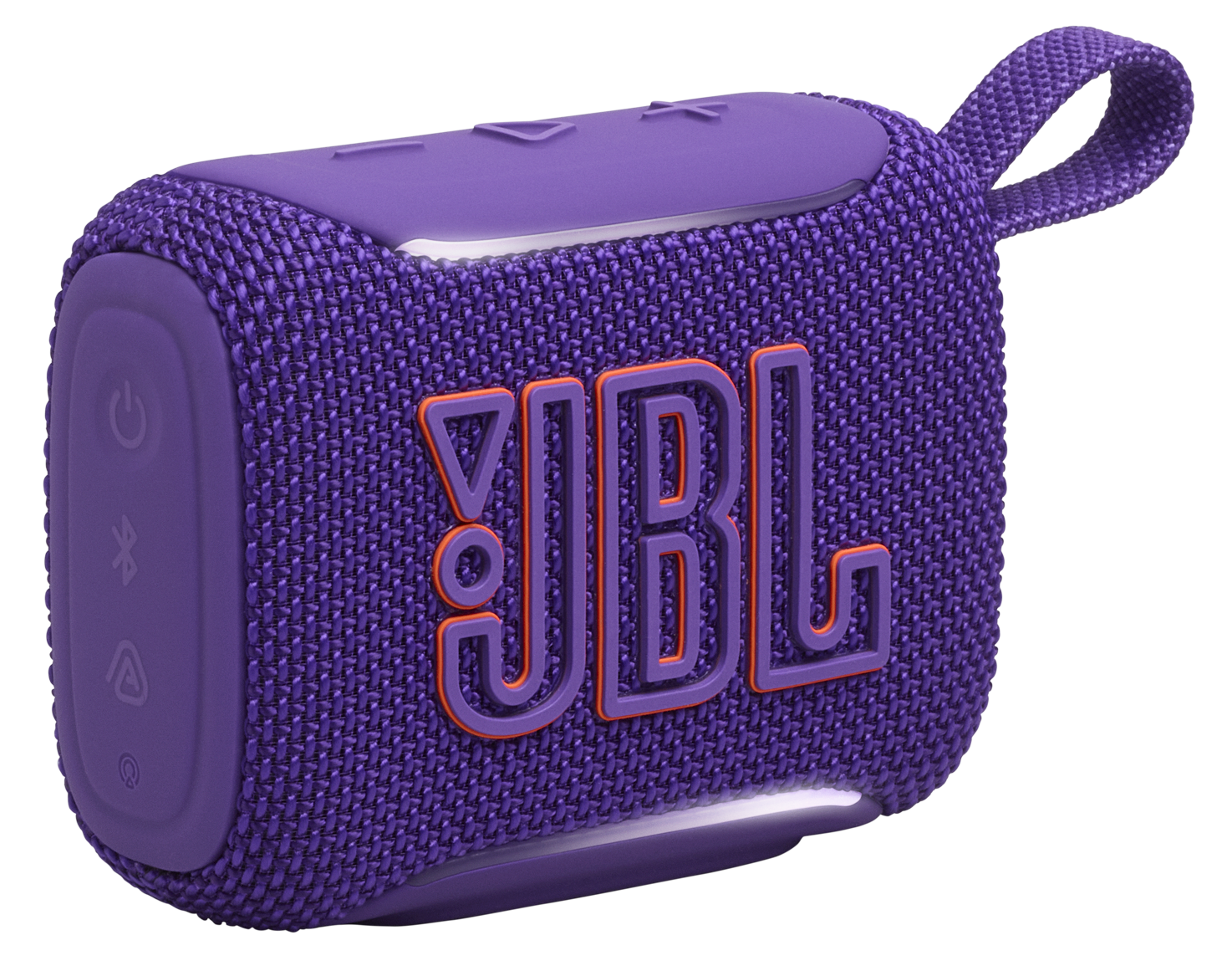Fioletowy głośnik JBL z pomarańczowym logo, na czarnym tle.