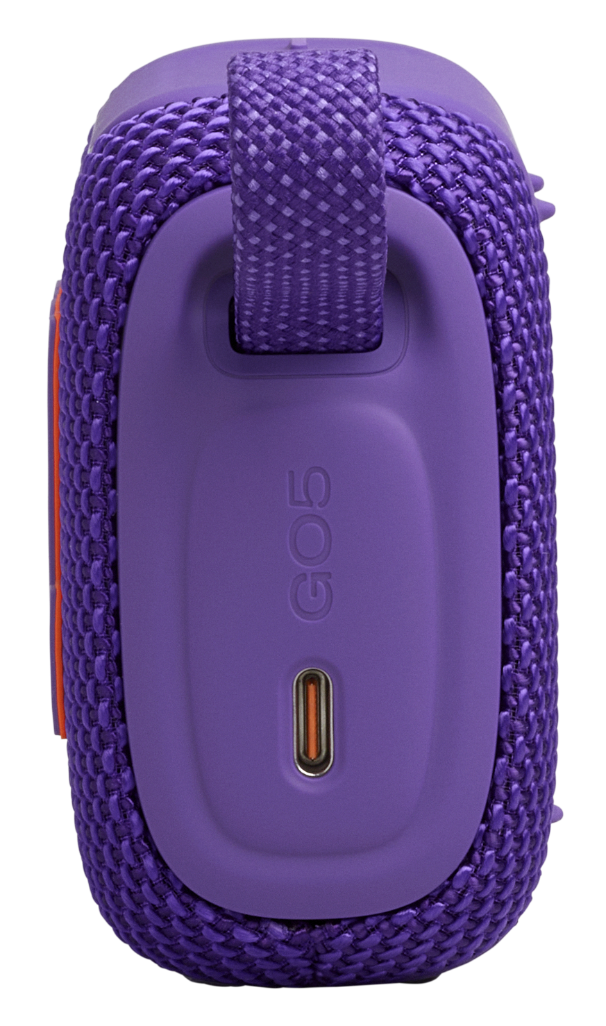 Fioletowy głośnik z pokrowcem i portem USB-C. Napis GO5.