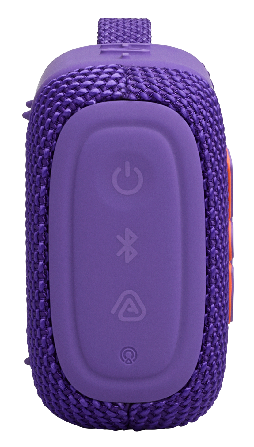 Fioletowy głośnik z ikonami zasilania, Bluetooth i głośności na przycisku.