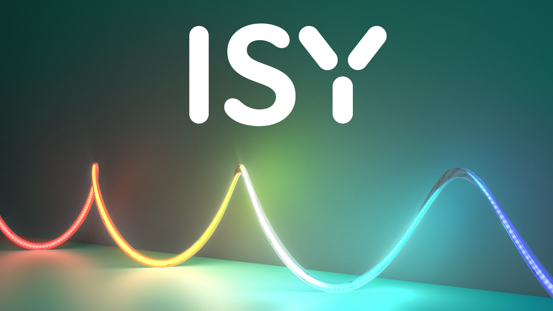 Weiße Schrift 'ISY' über geschwungenen LED-Streifen in Rot, Gelb, Weiß und Blau.