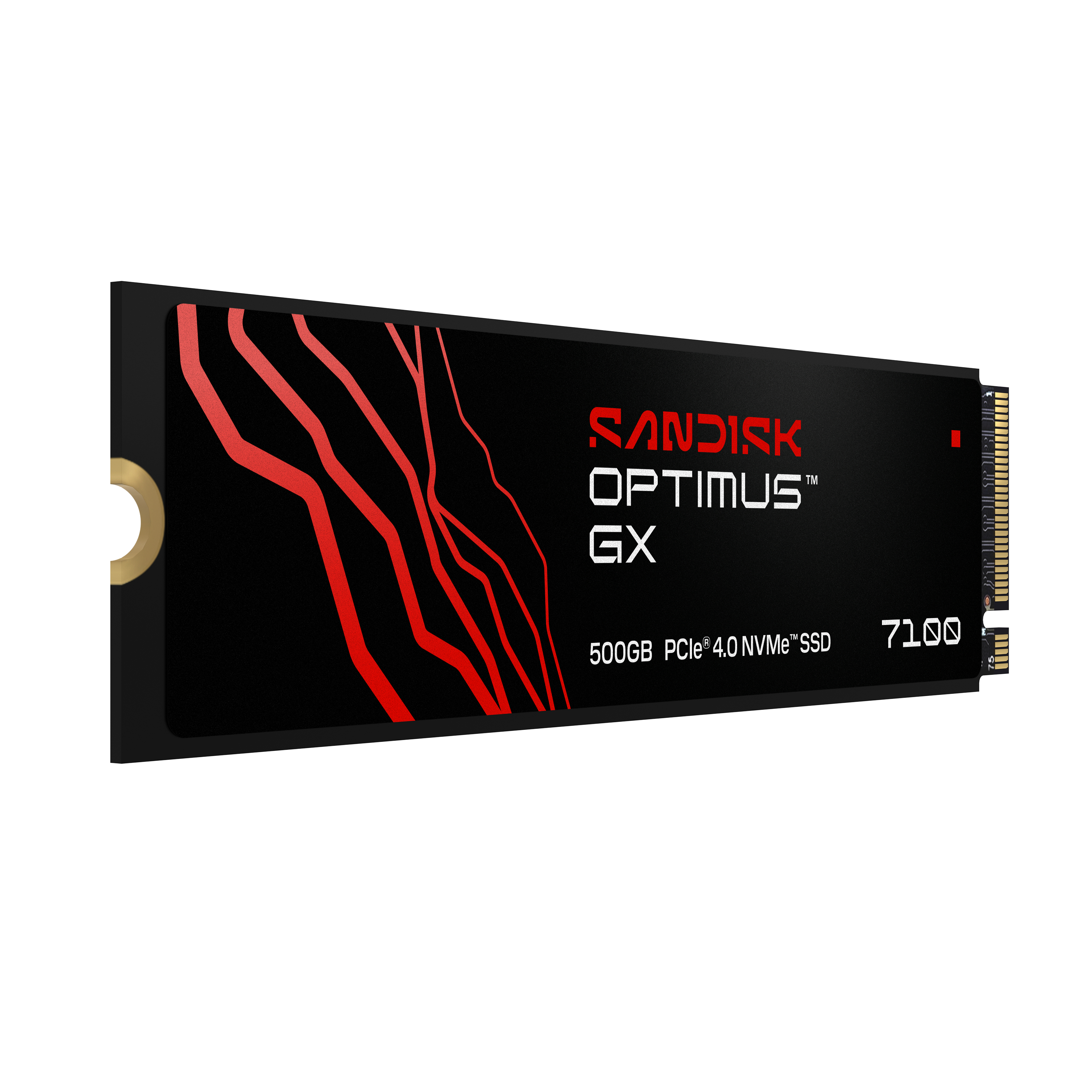 Eine schwarze SSD mit rotem Muster und silbernem Anschluss. Sandisk Optimus GX 500GB.