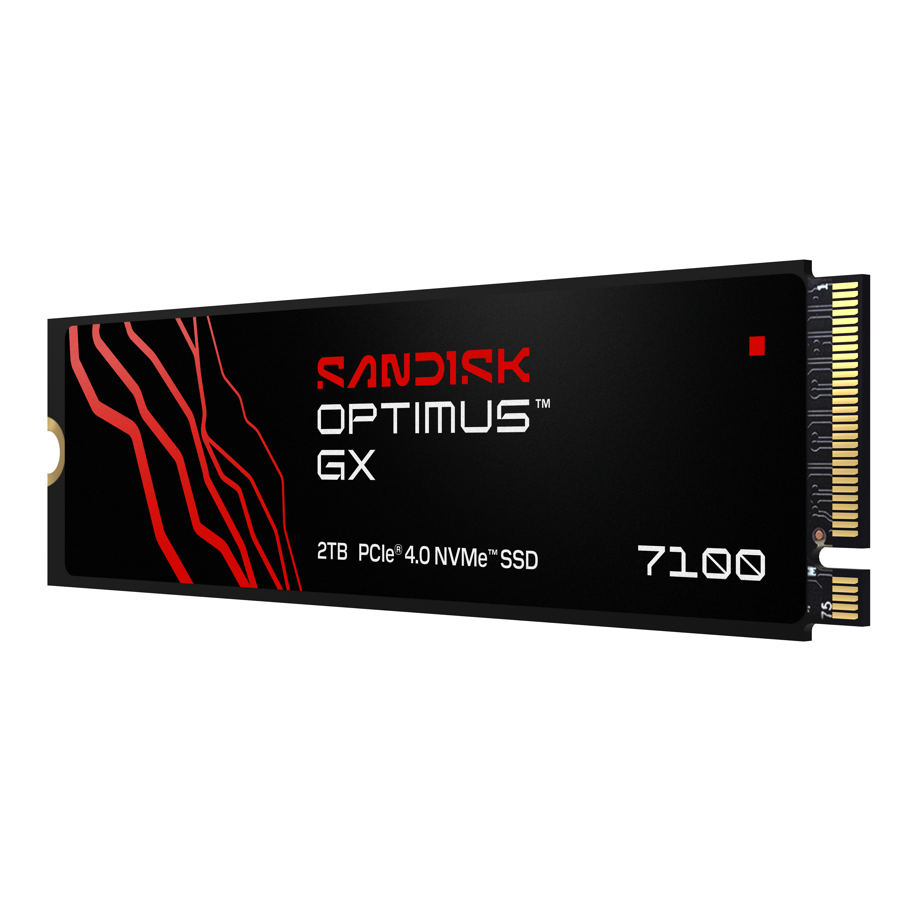 Ein schwarzer NVMe SSD mit roten Linien und silbernen Anschlüssen.