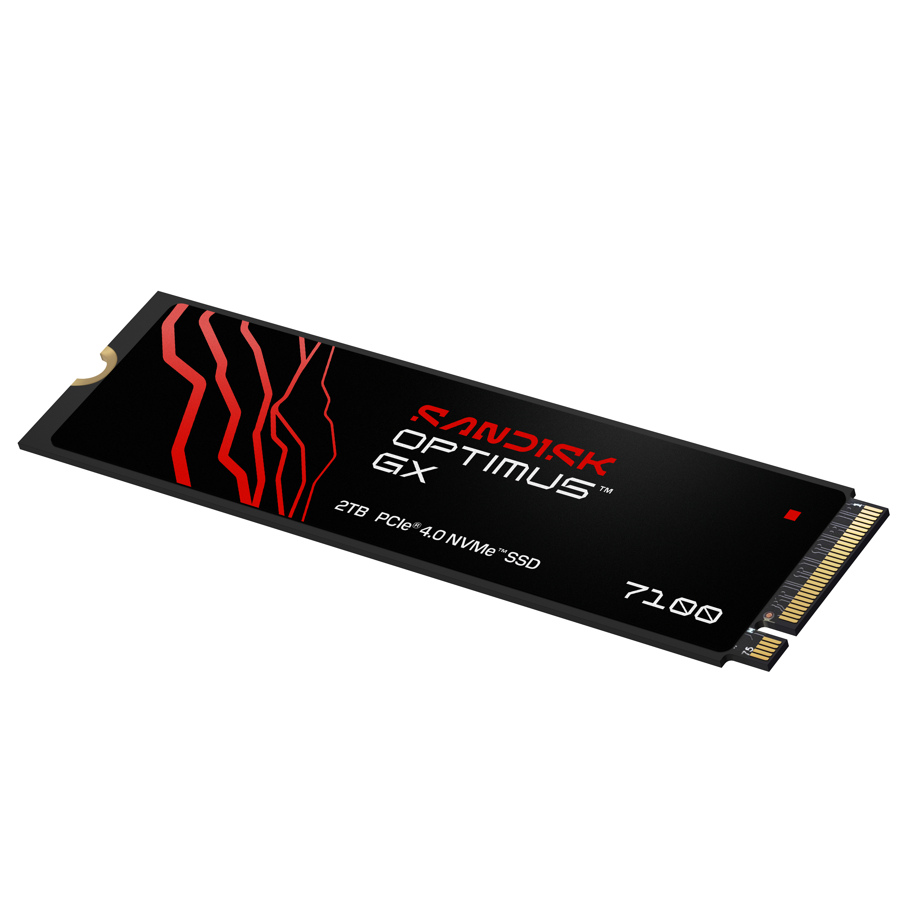 Schwarze M.2 NVMe SSD mit roten Akzenten und goldenem Anschluss.
