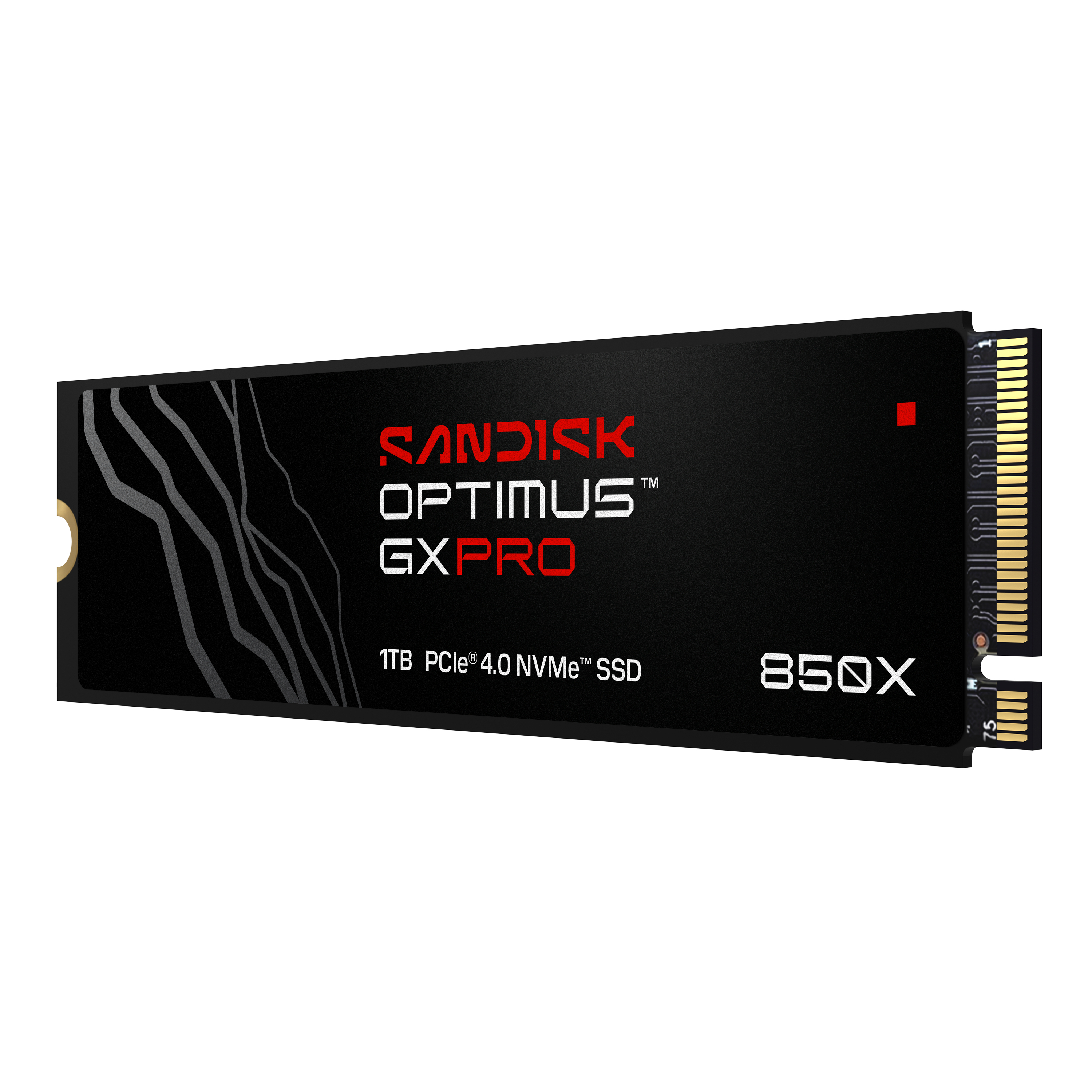 Sandisk Optimus GX Pro 1TB NVMe SSD mit goldenem Anschluss und schwarzem Gehäuse.