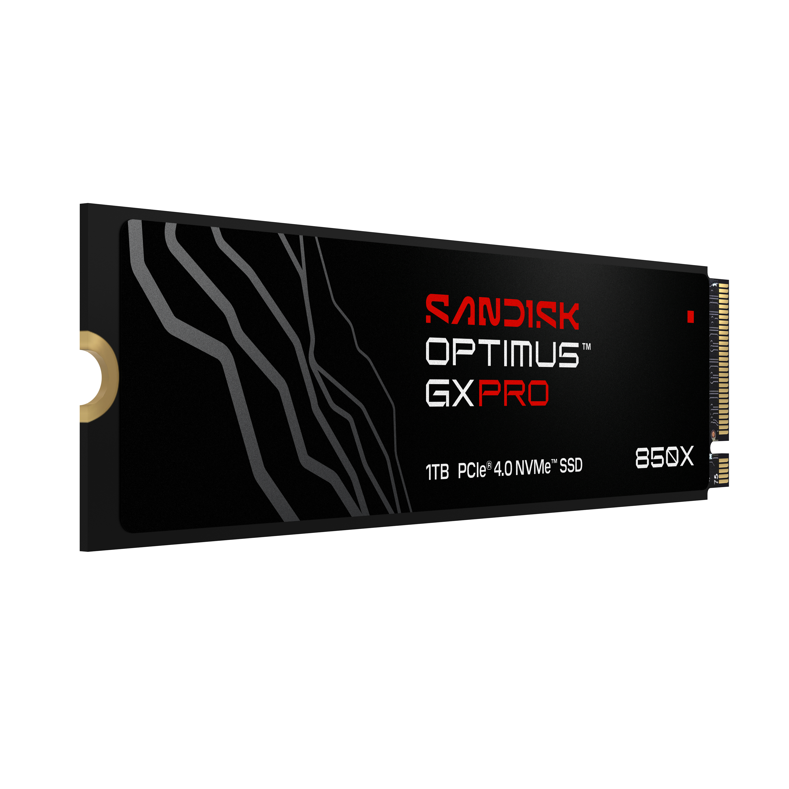 Sandisk Optimus GX Pro 1TB SSD mit grauen Linien auf schwarzem Hintergrund.