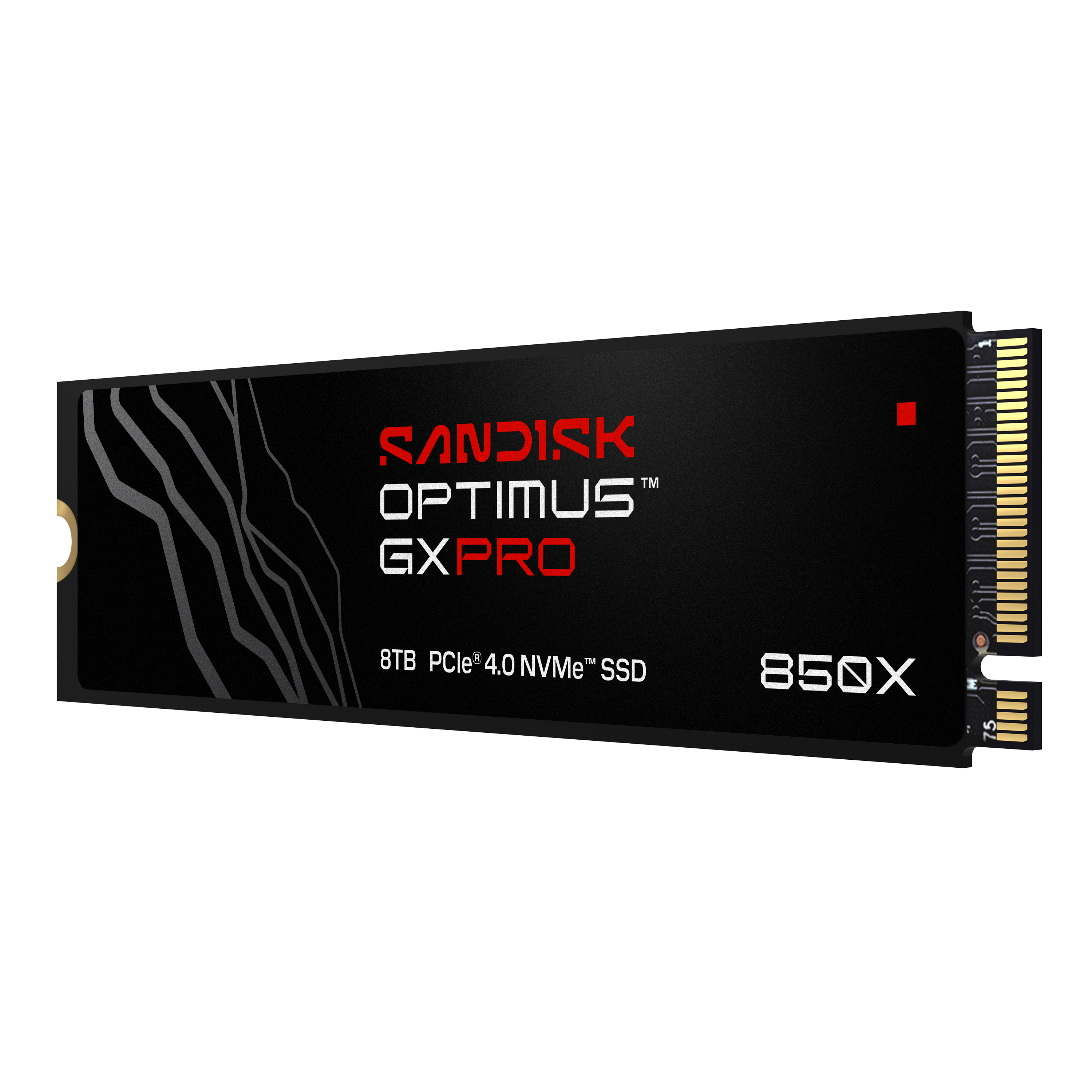 Schwarze SSD-Festplatte mit rotem Sandisk-Logo und silbernen Linien.