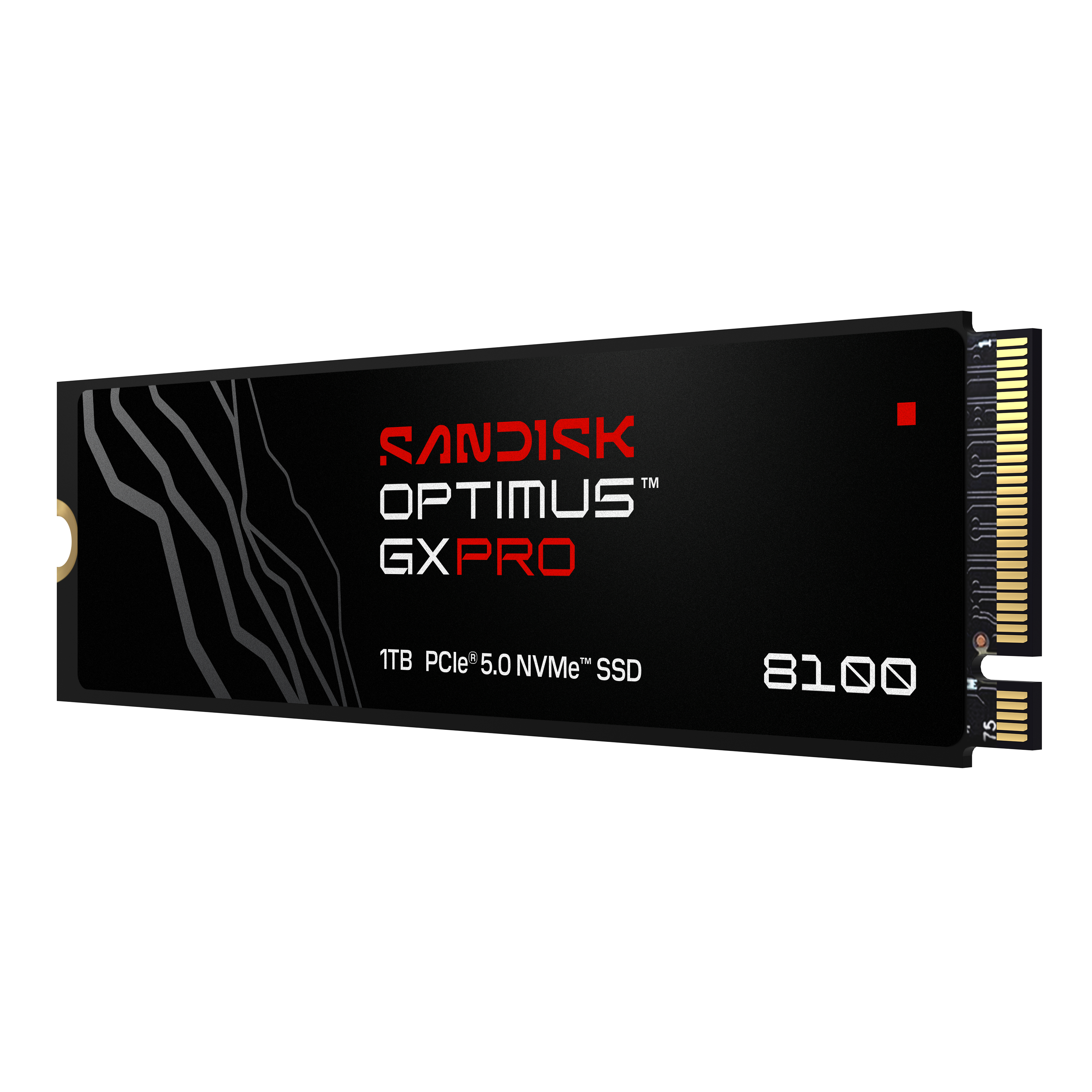 Sandisk Optimus GX Pro 1TB NVMe SSD mit silbernen Linien auf schwarzem Hintergrund.