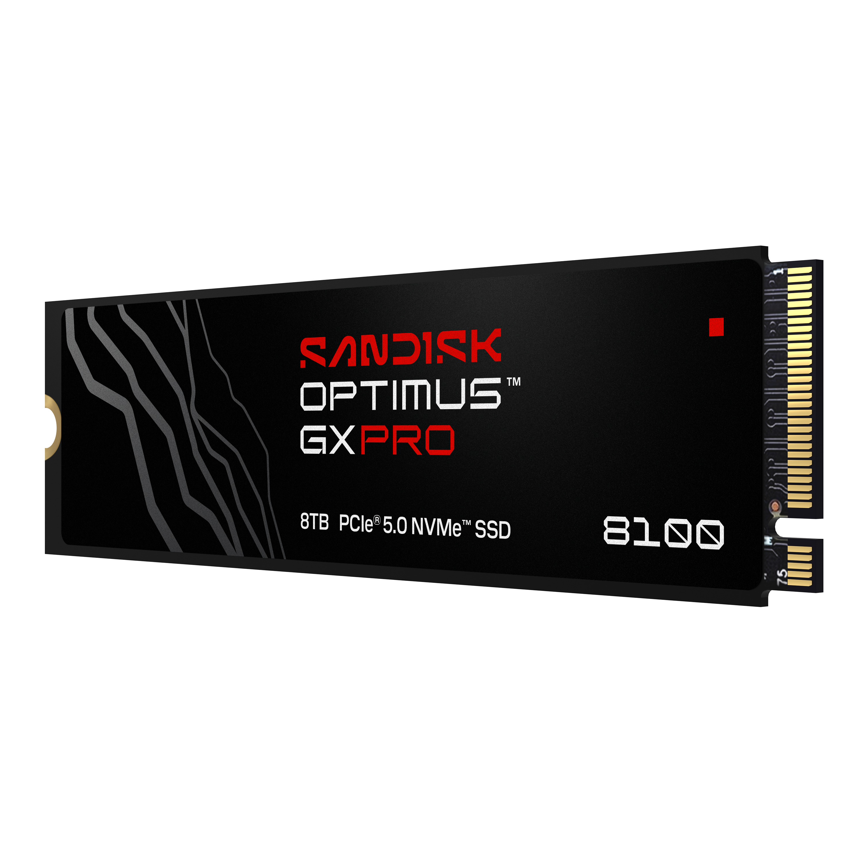 Sandisk Optimus GX Pro 8TB NVMe SSD mit goldenem Anschluss.