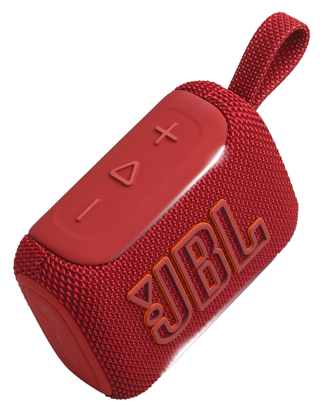 Czerwony głośnik JBL Go 3 z paskiem na rękę i przyciskami sterującymi.