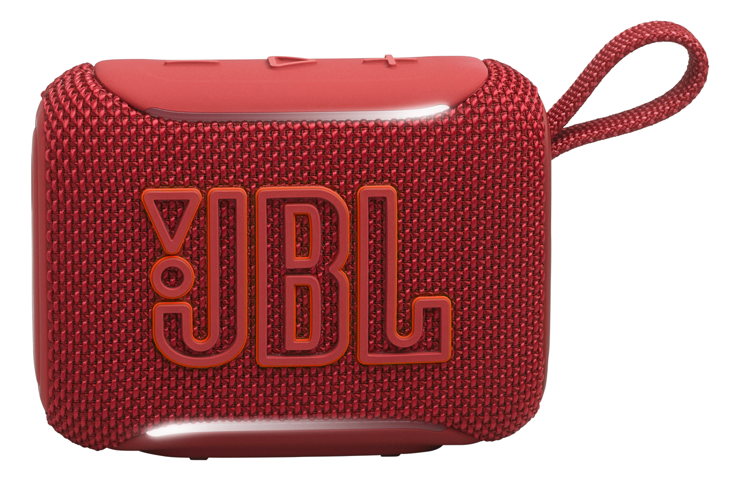 Czerwony przenośny głośnik JBL z teksturowaną tkaniną i pomarańczowym logo na czarnym tle.