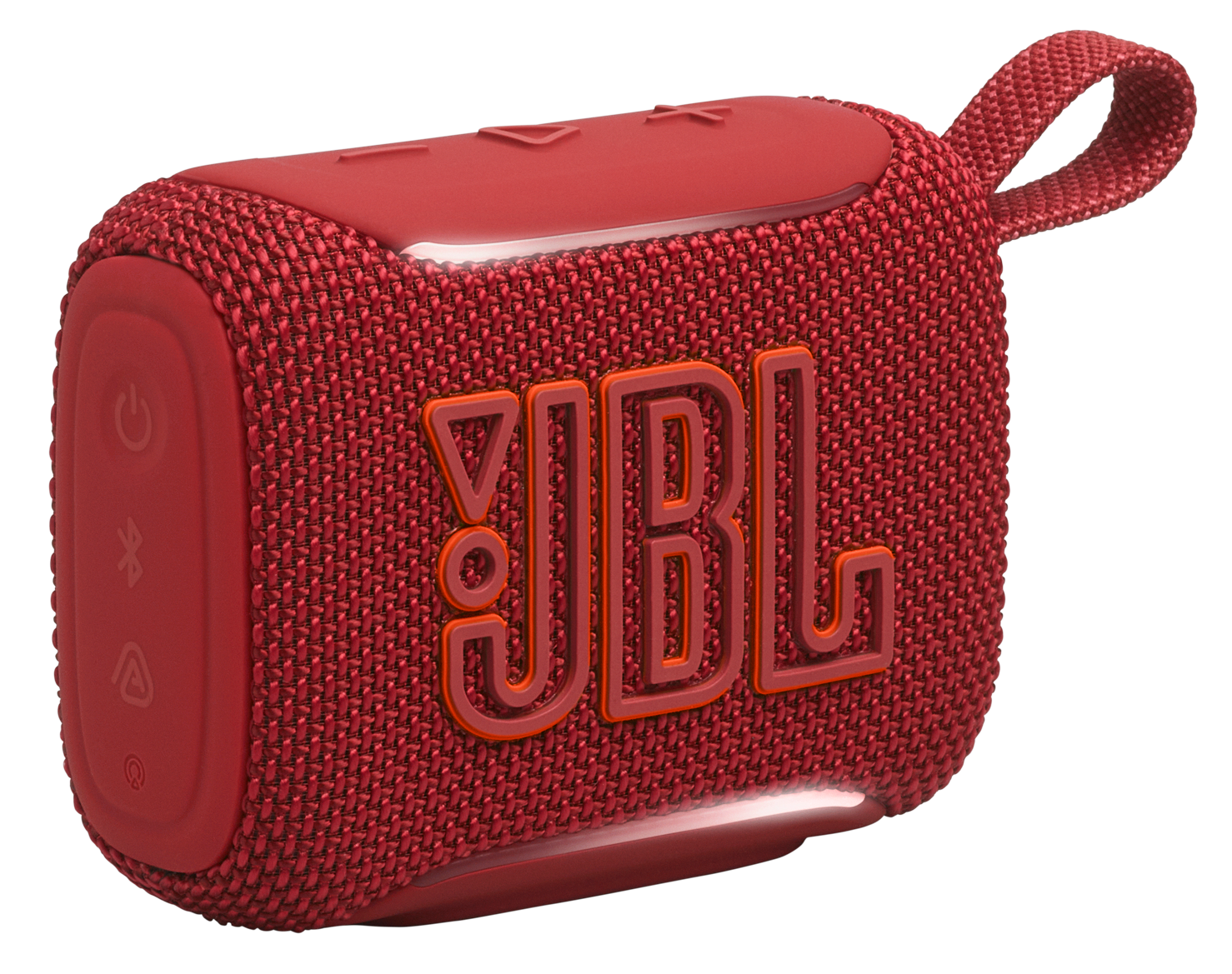 Czerwony przenośny głośnik JBL z teksturową tkaniną i pomarańczowym logo JBL.