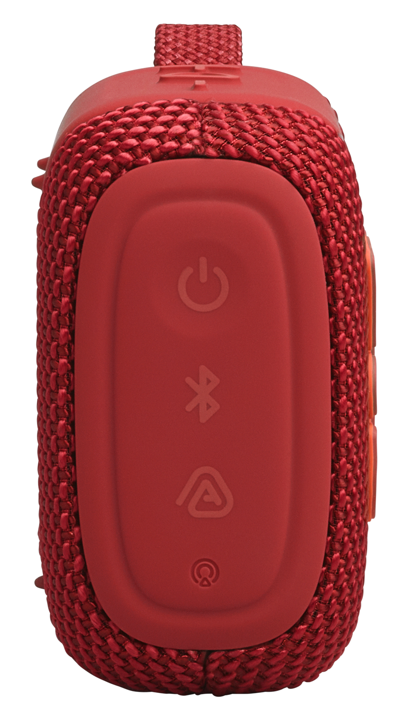 Czerwony przenośny głośnik z przyciskami zasilania, Bluetooth i trybu.