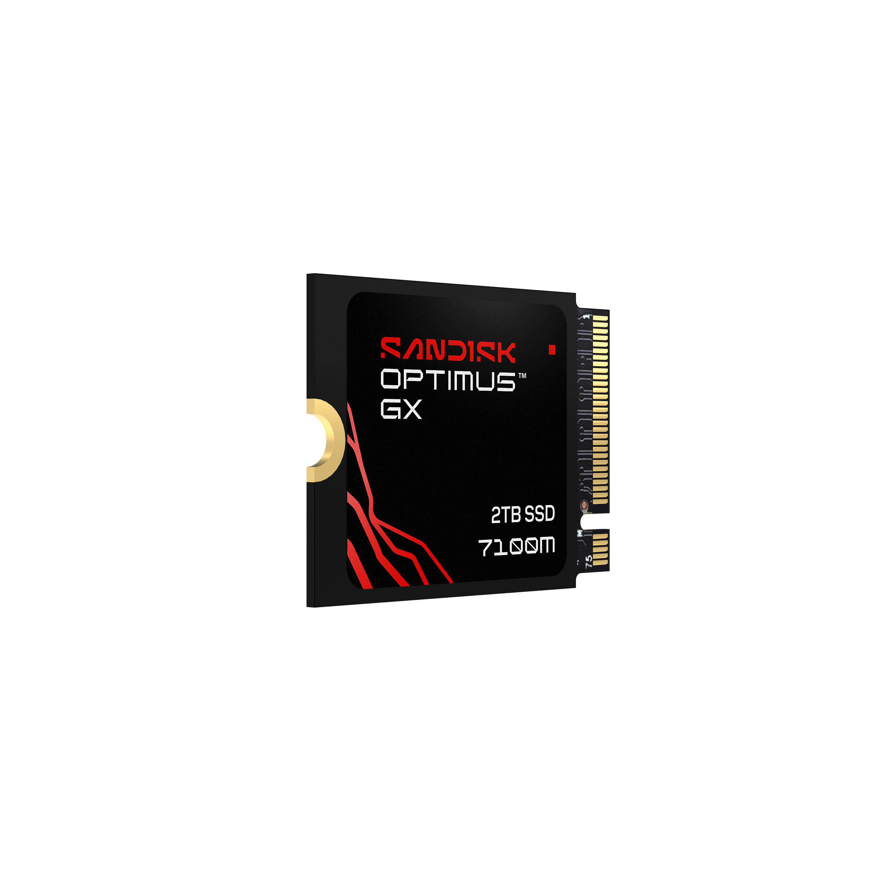 Sandisk Optimus GX 2TB SSD mit roten Akzenten auf schwarzem Hintergrund.