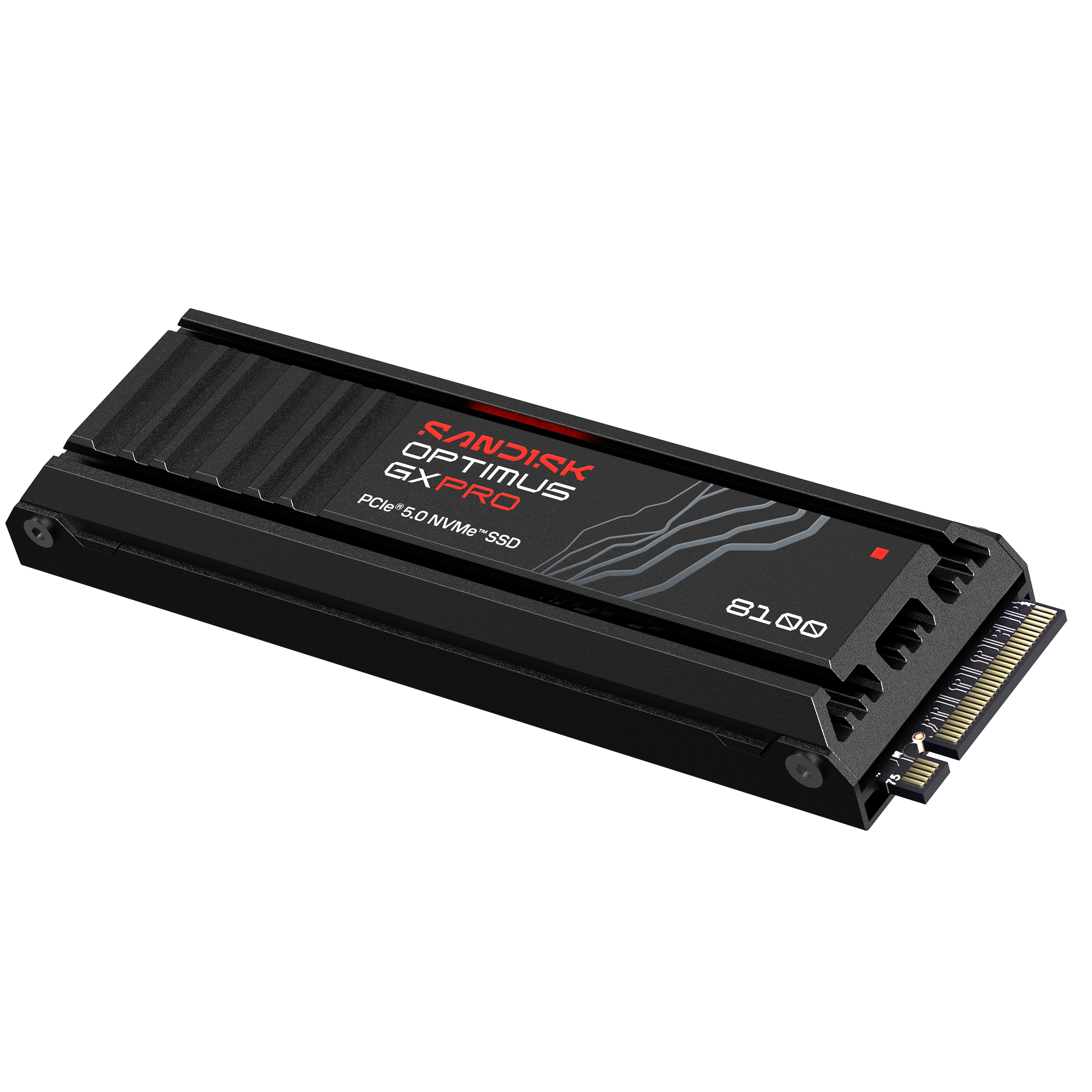 Ein schwarzer NVMe SSD mit Kühlkörper und goldfarbenen Anschlüssen.