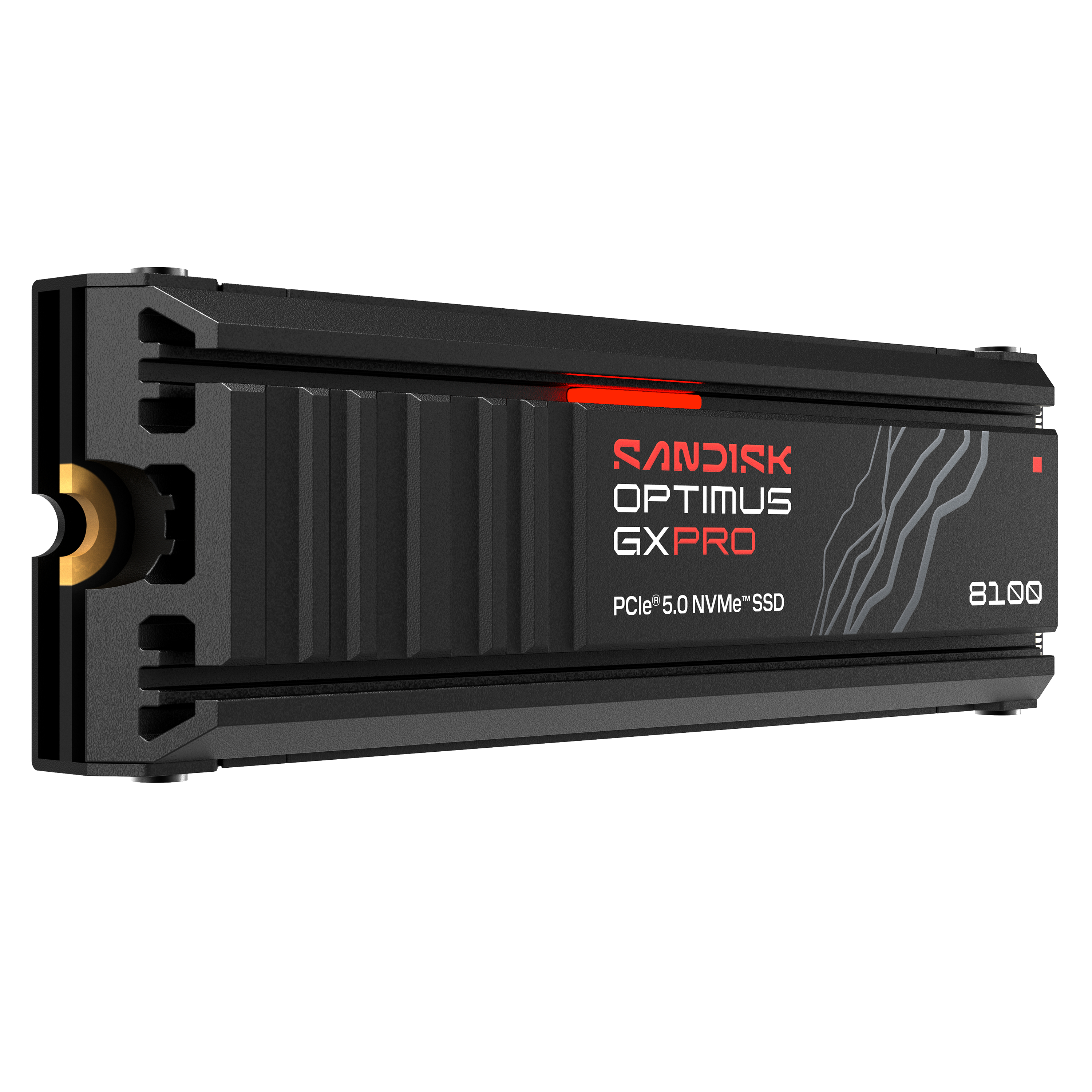 Schwarze SSD mit Kühlkörper, roter Leiste und Markenlogos.